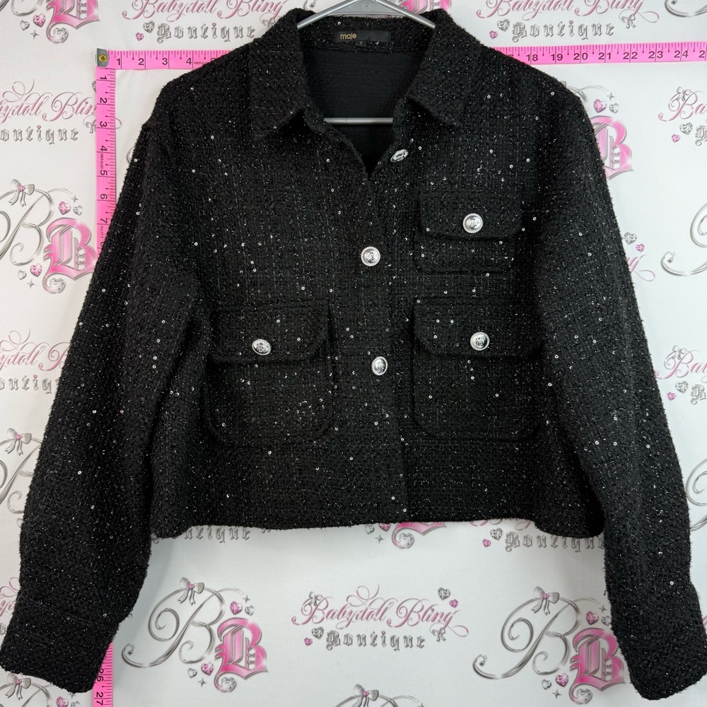 Maje blazer sparkly sequins Black Tweed Cropped Blazer with Silver Buttons